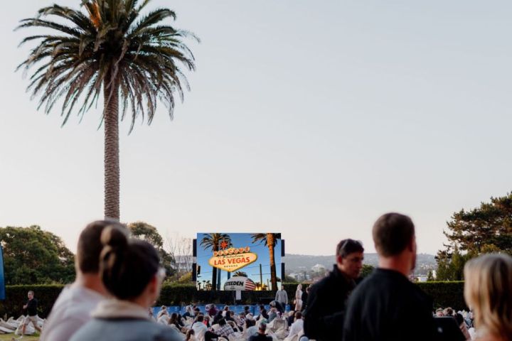 a group of people standing in front of a palm tree
